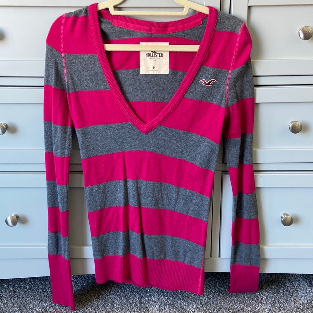 Hollister Gray & Pink Striped Sweater